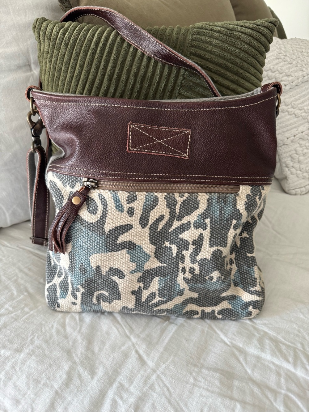 Textured Canvas and Brown Leather Shoulder Bag - Blue & Cream Pattern